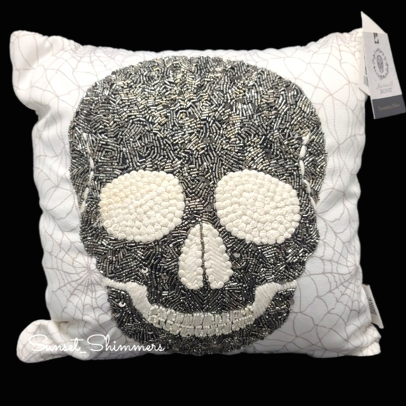 mortar & bone Other - 14" SKULL Spider Web Halloween Beaded Embroidered Throw Pillow Mortar & Bone New